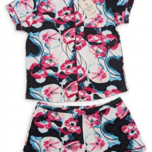 Lady Princess Floral Print Pajama Set – Short Sleeve Button-Down Top and Shorts Sleepwear Set (Size L) Grade A