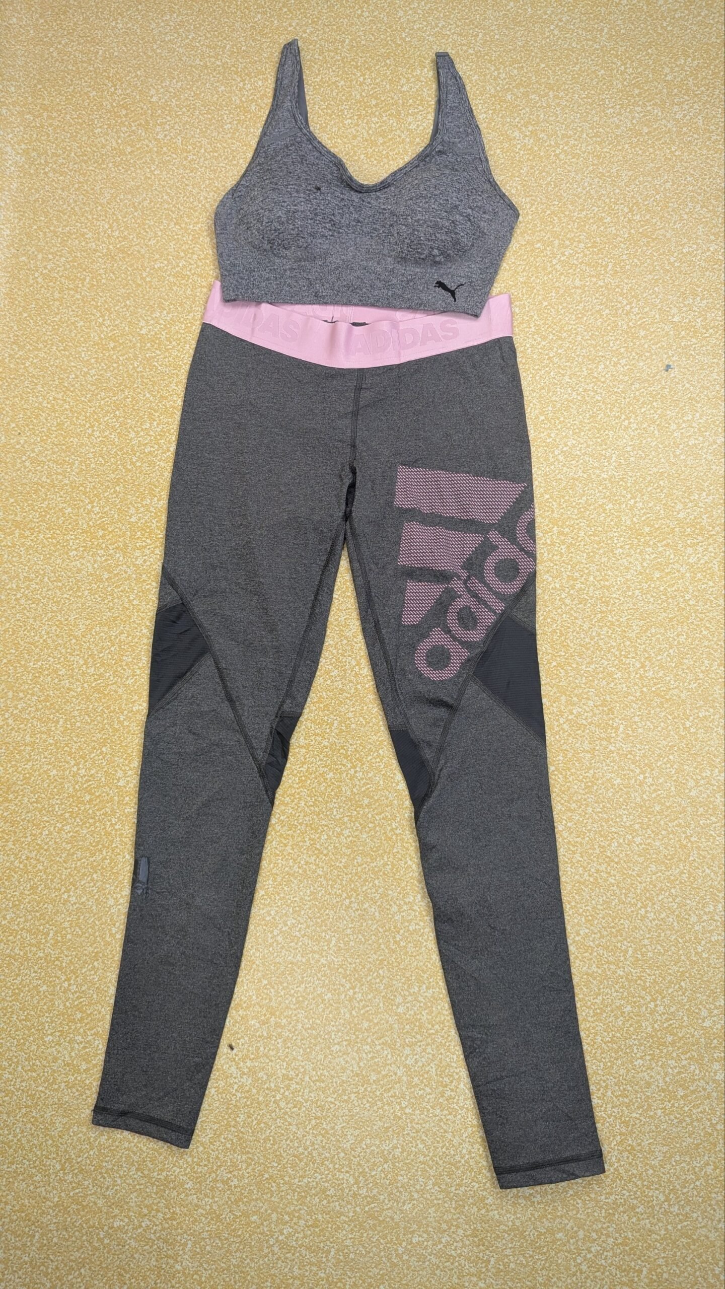 Puma x Adidas Women's Activewear Set – Pre-Loved Grey Sports Bra & Pink/Charcoal Mesh Panels Athletic Leggings Gym Combo Grade A - Image 3