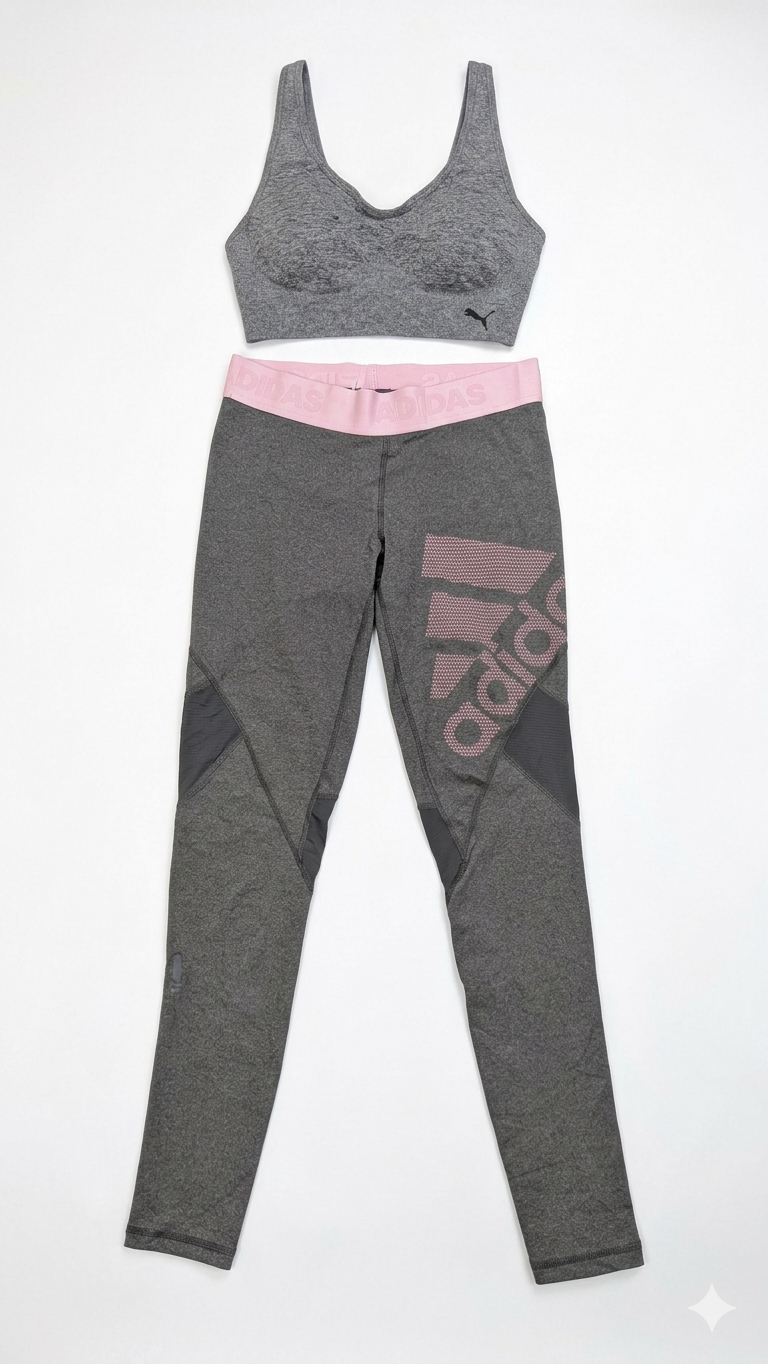 Puma x Adidas Women's Activewear Set – Pre-Loved Grey Sports Bra & Pink/Charcoal Mesh Panels Athletic Leggings Gym Combo Grade A