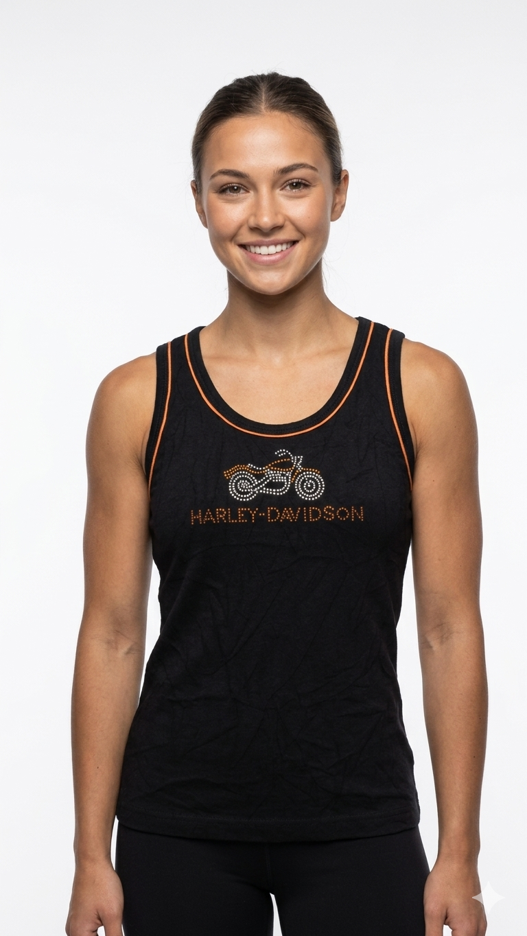 Vintage Harley-Davidson Black Tank Top with Rhinestone Motorcycle Graphic - Y2K Biker Aesthetic Grade A - Image 2