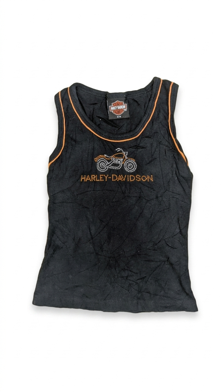 Vintage Harley-Davidson Black Tank Top with Rhinestone Motorcycle Graphic - Y2K Biker Aesthetic Grade A