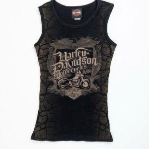 Vintage Harley-Davidson Women's Ribbed Tank Top – Pre-Loved Black/Brown Graphic Biker Sleeveless Vest (Size S/M) Grade A