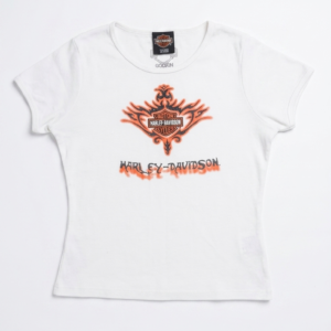 Vintage Harley-Davidson Women's White Graphic Tee – Pre-Loved Tribal Logo Crop-Style Fitted T-Shirt (Size M) Grade A