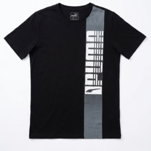 Puma Unisex Graphic Activewear T-Shirt – Pre-Loved Black Sportswear Tee with Vertical Logo Stripe (Size M) Grade A