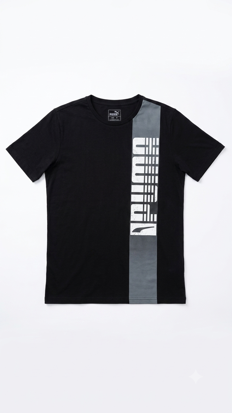Puma Unisex Graphic Activewear T-Shirt – Pre-Loved Black Sportswear Tee with Vertical Logo Stripe (Size M) Grade A