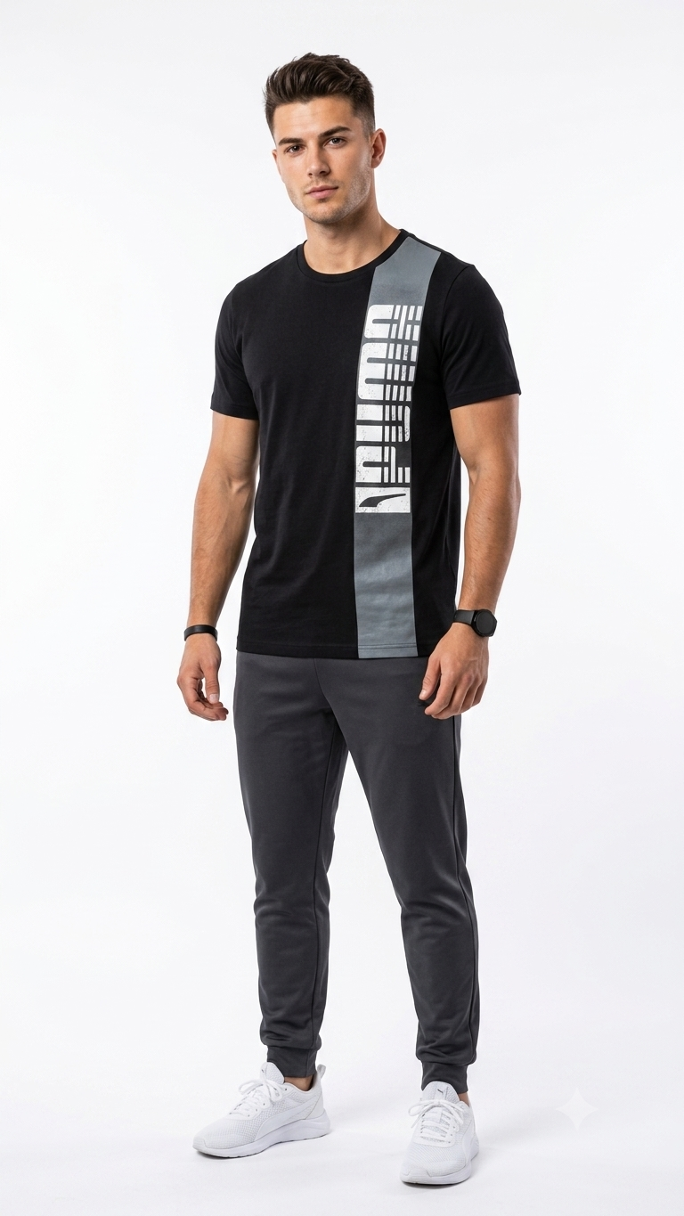 Puma Unisex Graphic Activewear T-Shirt – Pre-Loved Black Sportswear Tee with Vertical Logo Stripe (Size M) Grade A - Image 2