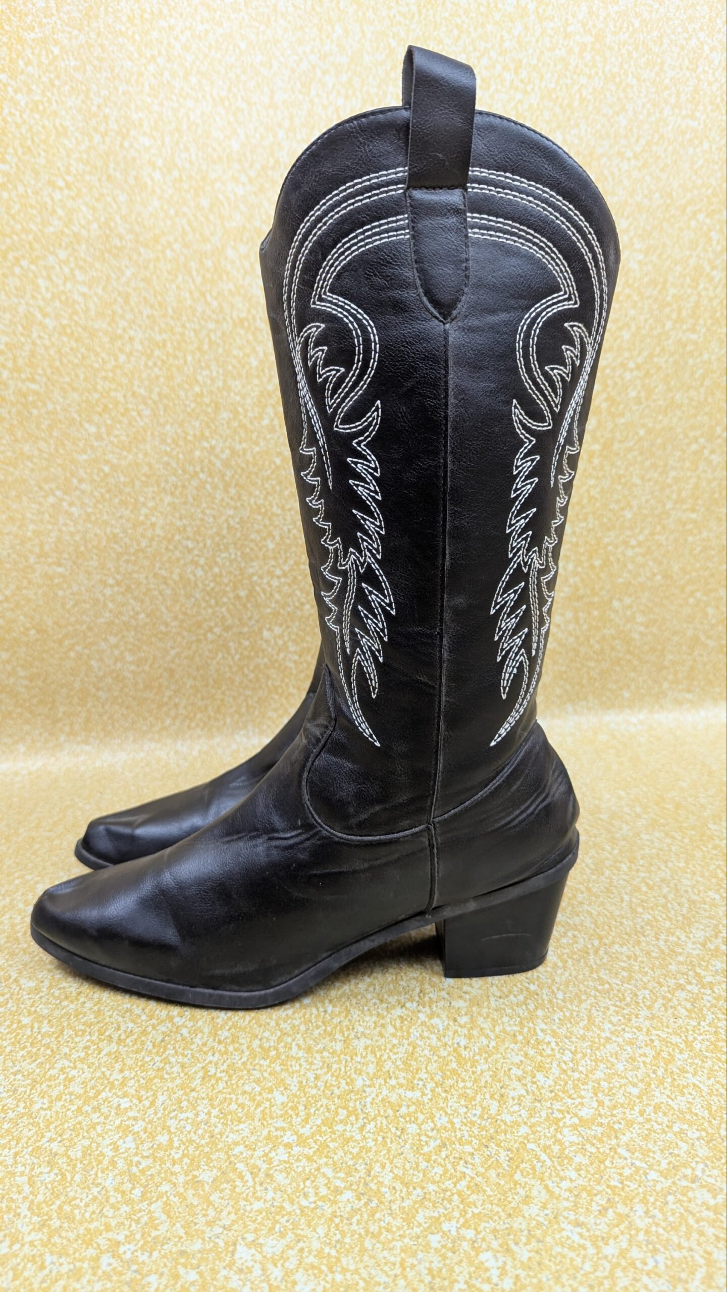 Vintage Western Cowboy Boots Black Leather Size 43 UK 9 US 10 Tall Riding Boots Grade A - Image 4