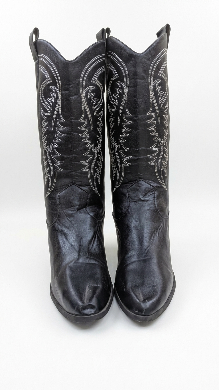 Vintage Western Cowboy Boots Black Leather Size 43 UK 9 US 10 Tall Riding Boots Grade A