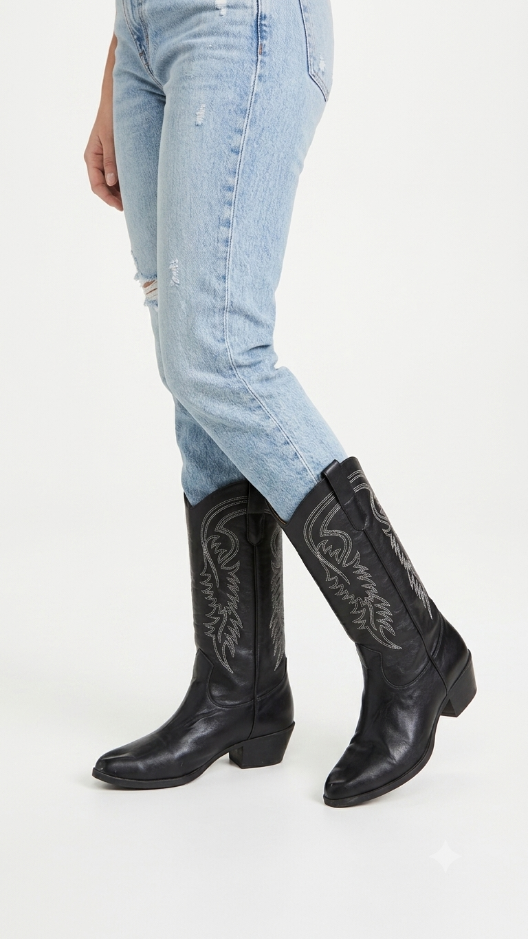 Vintage Western Cowboy Boots Black Leather Size 43 UK 9 US 10 Tall Riding Boots Grade A - Image 2