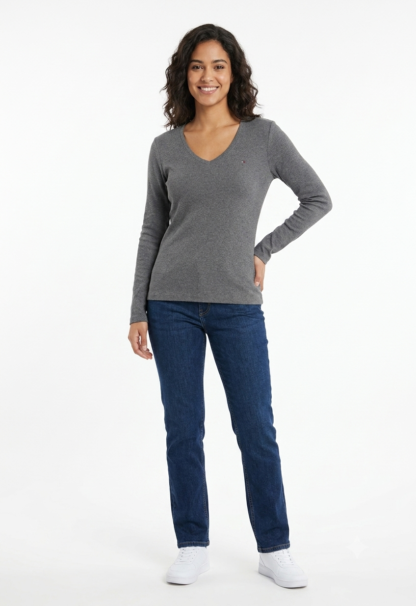 Tommy Hilfiger Women's Long Sleeve V-Neck T-Shirt Heather Gray Size M Grade B - Image 2