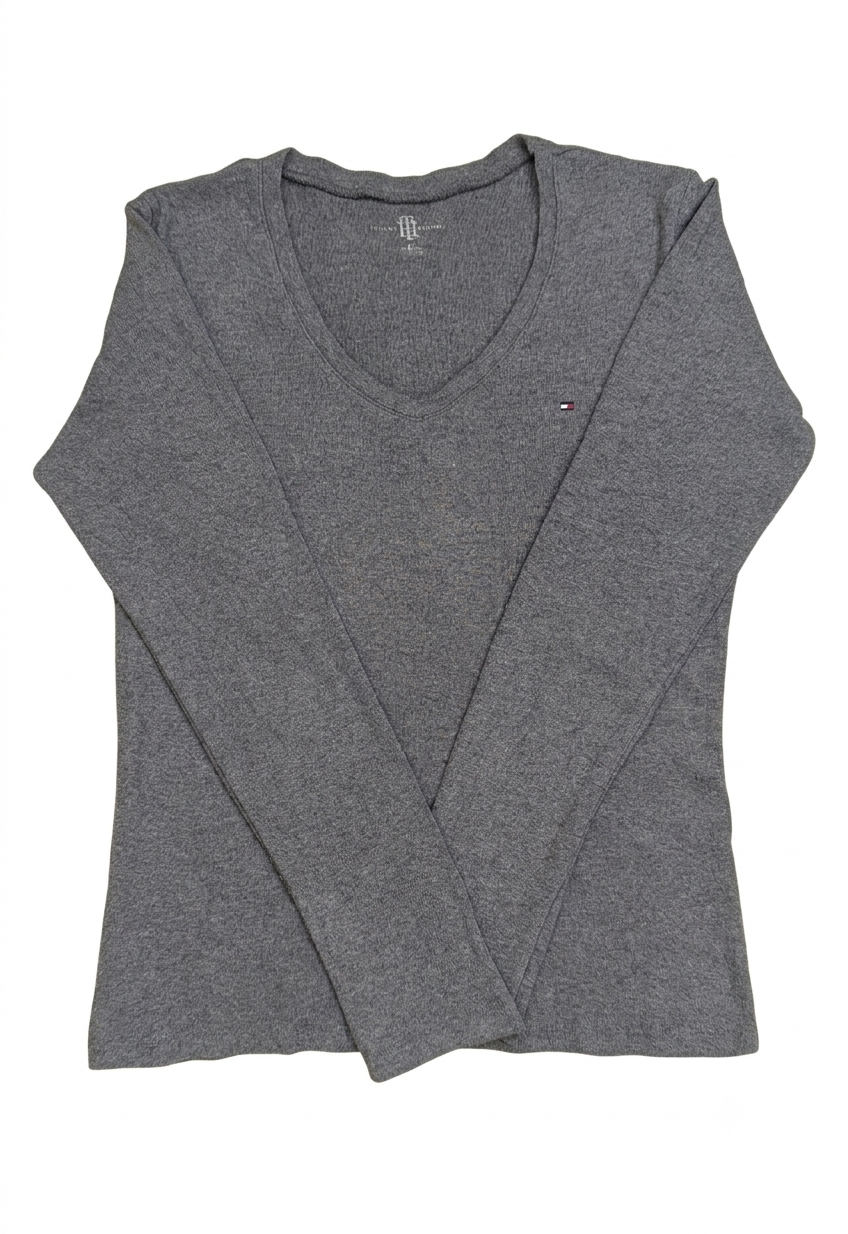 Tommy Hilfiger Women's Long Sleeve V-Neck T-Shirt Heather Gray Size M Grade B
