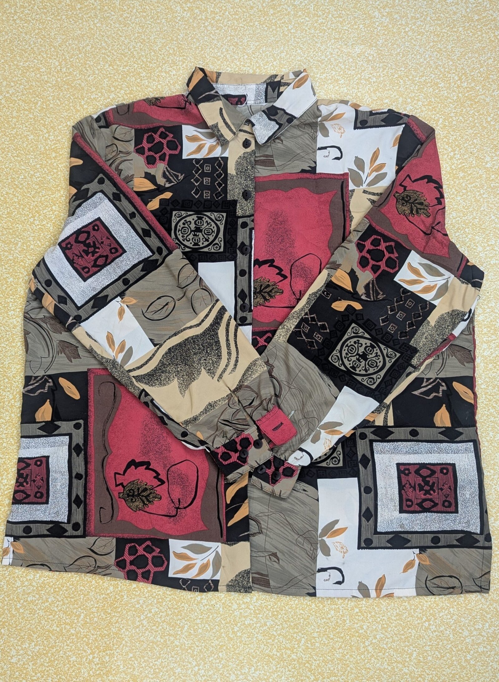 Vintage 90s Abstract Geometric Patchwork Shirt Men’s Women’s XL Unisex Long Sleeve Button Up - Image 3