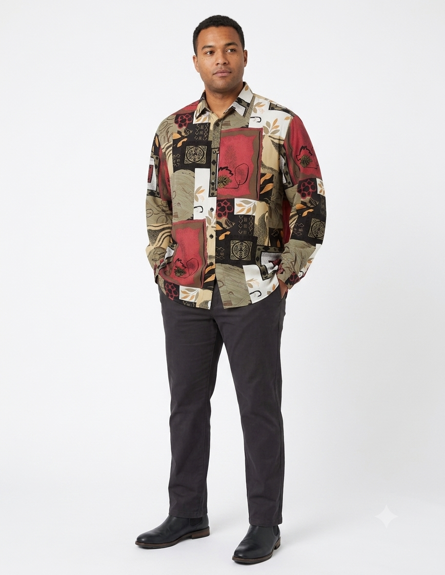 Vintage 90s Abstract Geometric Patchwork Shirt Men’s Women’s XL Unisex Long Sleeve Button Up - Image 2