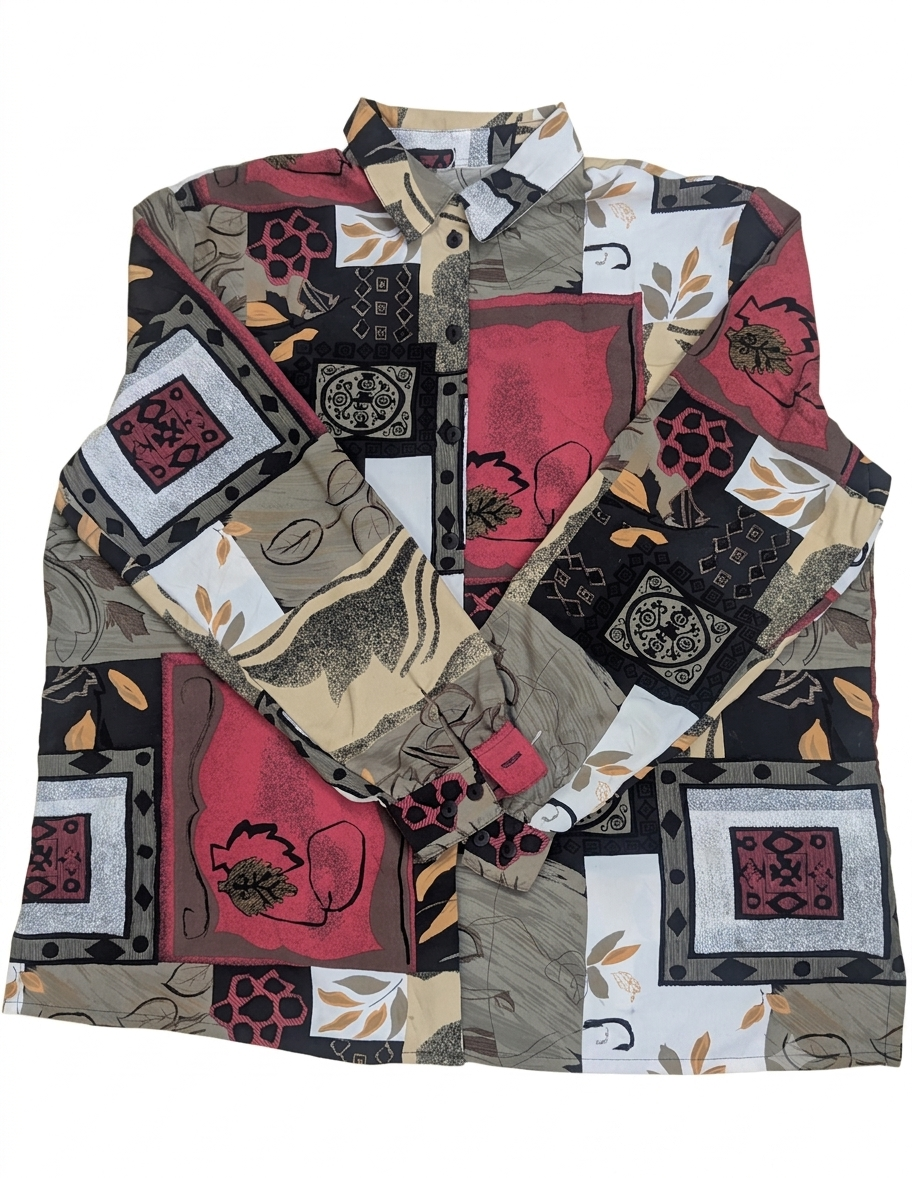 Vintage 90s Abstract Geometric Patchwork Shirt Men’s Women’s XL Unisex Long Sleeve Button Up
