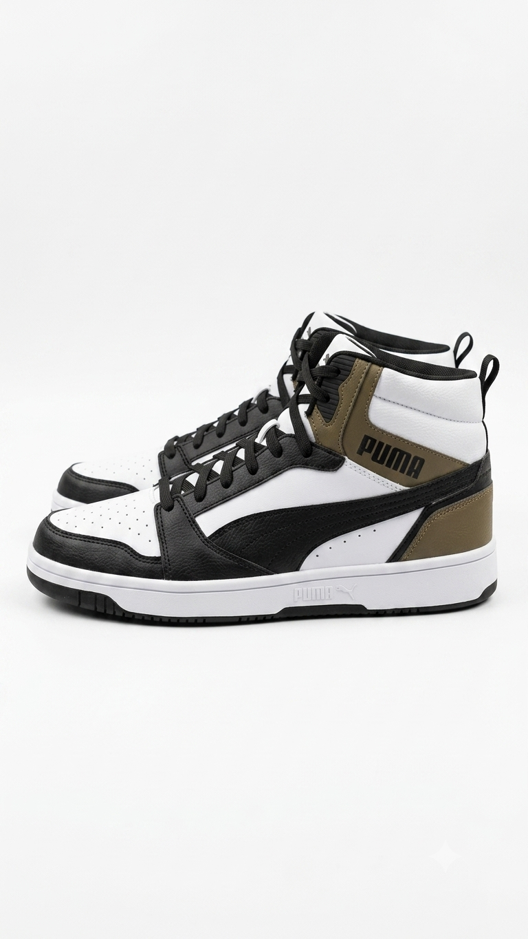 Puma Men's Rebound Mid-Top Sneakers - Black White Gold/Khaki - Model 392326-09 - Size 10 US