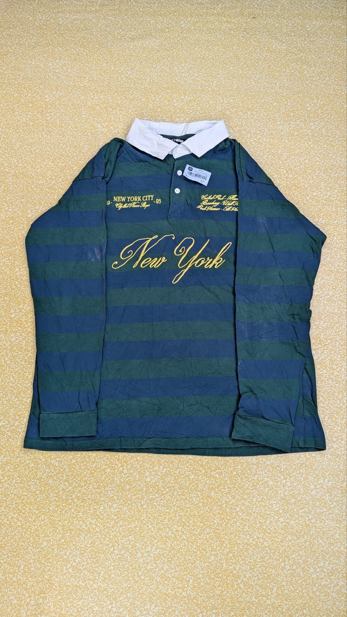 Fashion Nova Men's Long Sleeve Rugby Polo Shirt Green Navy Striped New York Size XL - Image 4