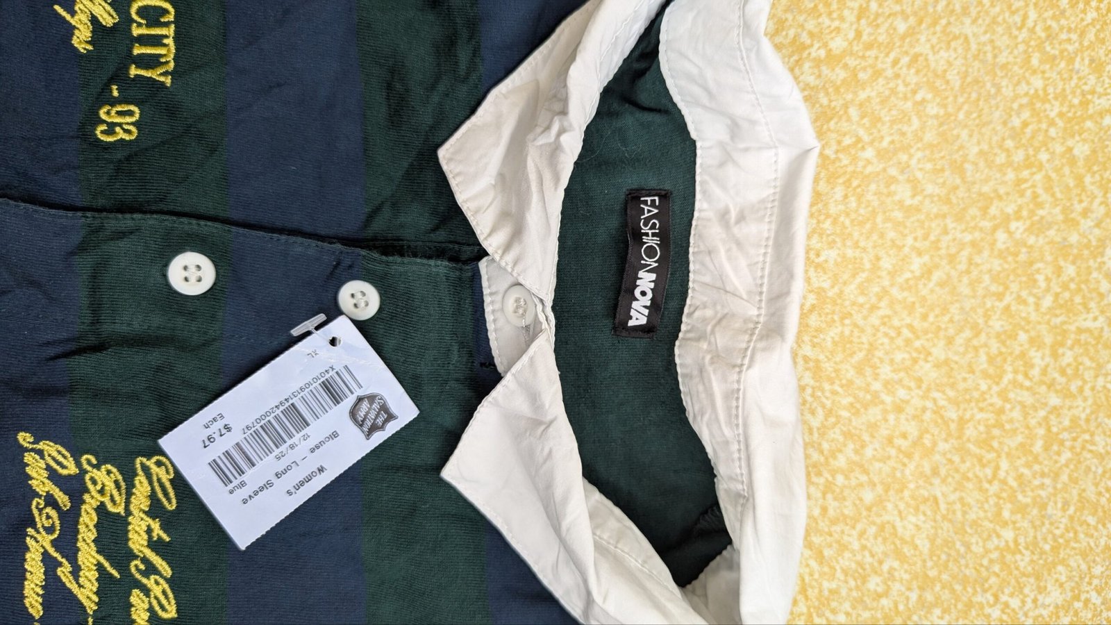 Fashion Nova Men's Long Sleeve Rugby Polo Shirt Green Navy Striped New York Size XL - Image 5