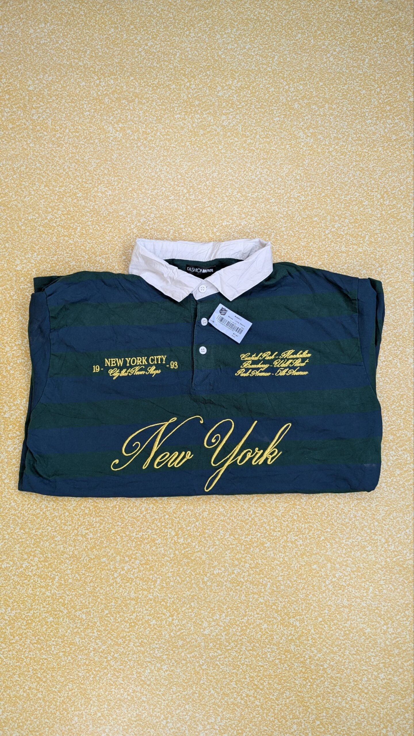 Fashion Nova Men's Long Sleeve Rugby Polo Shirt Green Navy Striped New York Size XL - Image 3