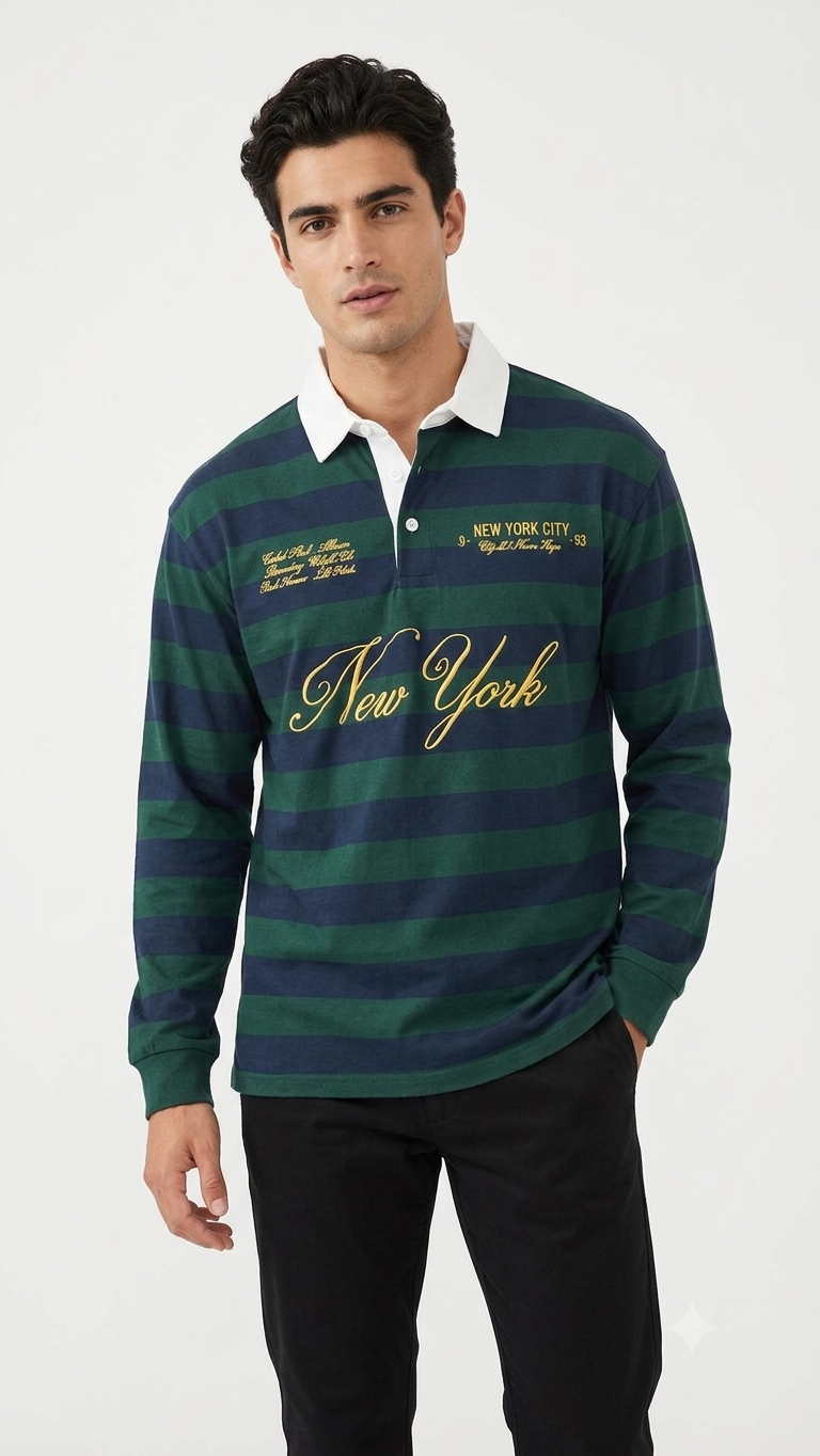 Fashion Nova Men's Long Sleeve Rugby Polo Shirt Green Navy Striped New York Size XL - Image 2