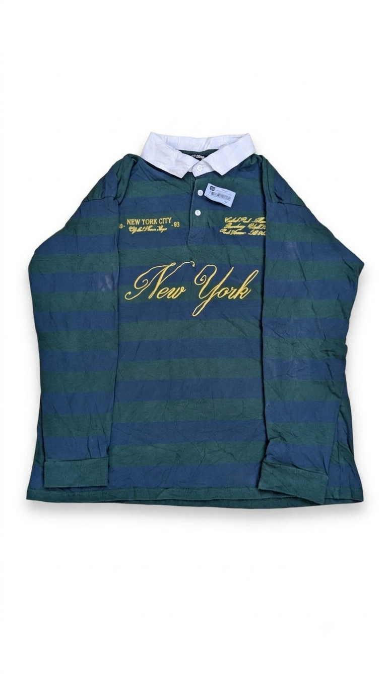 Fashion Nova Men's Long Sleeve Rugby Polo Shirt Green Navy Striped New York Size XL