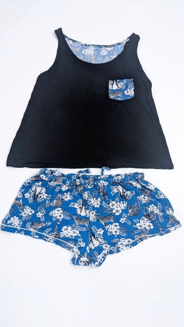 George Women's Pajama Set Size XL Black Tank Top Blue Safari Animal Shorts